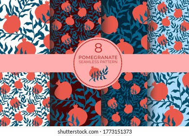 Pomegranate seamless pattern set with leaves. Floral vector illustration of abstract doodle and scandinavian fruits. Garnet armenian pattern collection. The elegant template for fashion prints.