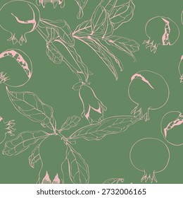 Padrão sem emenda romã. Design elegante para impressão em roupas de cama. Imagem repetida para embrulhar presente. Ramos e folhas. 