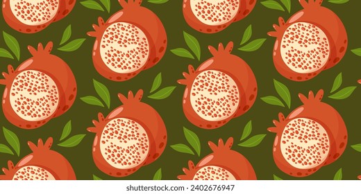 Pomegranate seamless pattern. Summer tropical fruit vector illustration in cartoon flat style on isolated background. For paper, cover, fabric, gift wrapping, notebook