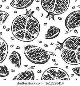 Pomegranate seamless pattern. Vector drawing. Hand drawn tropical fruit background. Engraved summer fruit. Whole and sliced objects with leaves and seeds. Botanical vintage sketch