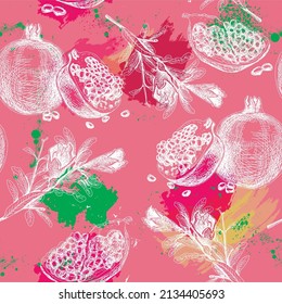 Pomegranate seamless red watercolor pattern. Hand-drawn vector  red background.