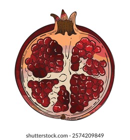 Pomegranate in section in sketch style in color on white background. Vintage style. Hand drawn. Vector illustration.
