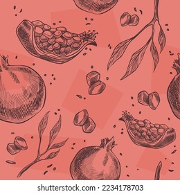 Pomegranate seeds and branches with leaves, ice cubes and foliage. Tasty product for snack or lunch, eating. Seamless pattern or print, wallpaper background monochrome sketch. Vector in flat style