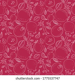 Pomegranate with seeds and leaves seamless pattern. Hand drawn illustration with engraving, line style fruit images on red background. Design for kitchen textile, background, paper.