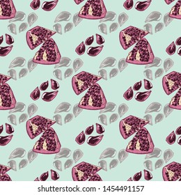 Pomegranate seeds pattern print. Exotic fruit vector seamless background design.