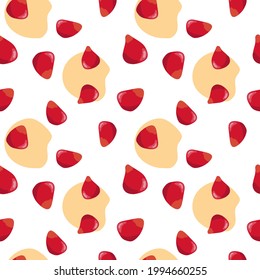 Pomegranate seeds seamless pattern. Colorfull red pomegranate seeds on the white background with yellow spots.