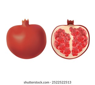 Conjunto de granadas Ilustración vectorial. Dibujos animados 3D aislado verano rojo granate de la fruta, comida dulce y postre antioxidante y hoja botánica natural, entero y la mitad con semillas jugosas de rubí. Vector moderno