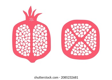 Pomegranate set vector illustration, flat silhouette, red fruit, cutaway
