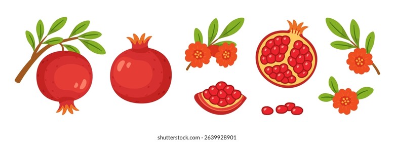 Pomegranate set, whole and half fruits with seeds, branches, green leaves, pomegranate flowers. flat style, isolated icons. For digital and print projects, packaging, greeting cards, botanical posters