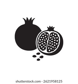 Romã Silhueta Vetor Inteiro, Fruta Metade e Sementes Espalhadas no Fundo Branco