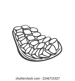 Ilustración vectorial de línea de corte de grano. Rótulo de la mano fruta madura de grano cortada en pieza con semillas y cáscara, granada de vitamina natural exótica para la elaboración de jugo o smoothie, granadina