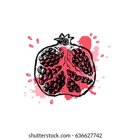 Pomegranate slice in outline and red splash of juice. Hand drawn design.