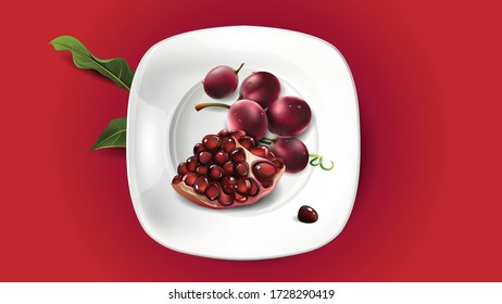 Trozos granados y uvas rojas en un plato blanco.