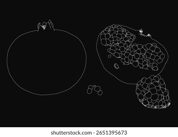 A pomegranate and sliced pomegranate outline drawn with clean white vector lines on a black background. The illustration features detailed contours, a minimalist style, and high contrast for a modern.