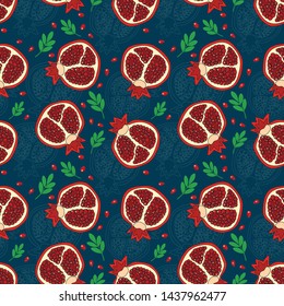 Pomegranate slices hand drawn pattern. Vector Pomegranate Tropical Dark Background. Illustration of Flowers, Leaves, Fruits for textile for kitchen, for printing on textiles, phone case and fabric.