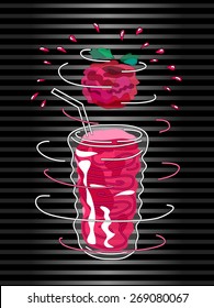 Pomegranate smoothie vector concept. Design element for cafe or restaurant with energetic fresh drink. Fresh juice for healthy life. Organic raw shake. Hand drawn illustration. Rotating glass.