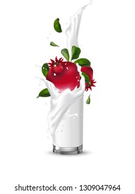 Pomegranate splashing in glass. Realistic 3d splash fruit cream splashing into the glass with swirl. Falling milk into the cup.  Cocktail mix.  3d Realistic Vector Illustration for web or packaging.