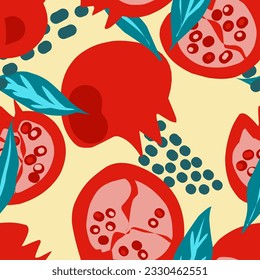 Pomegranate stylized fruit pattern. Vector seamless pattern. Bright modern design in a flat style, hand drawn.