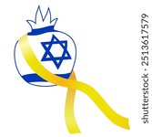 Pomegranate, symbol of Rosh Hashana, Israeli New Year, with Israel Flag and Yellow Ribbon. Garnet with the star of David. Shana Tova, solidarity with october 7, vector illustration. Am israel chai.