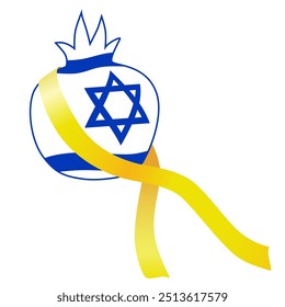 Pomegranate, symbol of Rosh Hashana, Israeli New Year, with Israel Flag and Yellow Ribbon. Garnet with the star of David. Shana Tova, solidarity with october 7, vector illustration. Am israel chai.