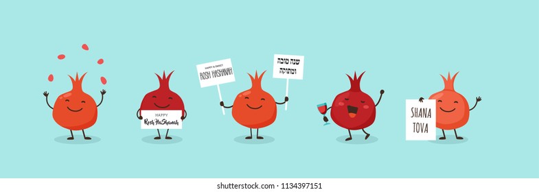 Pomegranate, symbols of Jewish holiday Rosh Hashana, New Year. Rosh Hashanah Jewish holiday banner design with funny cartoon characters. Vector illustration