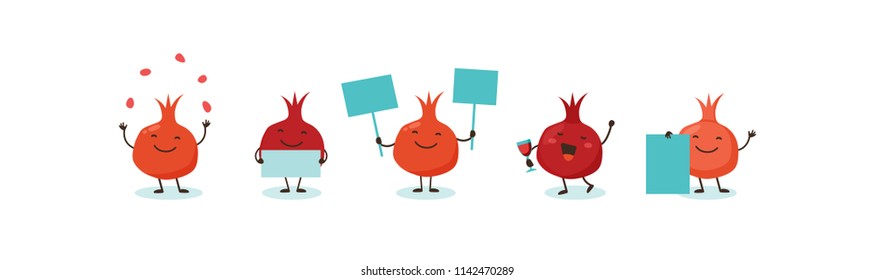 Pomegranate, symbols of Jewish holiday Rosh Hashana, New Year. Rosh Hashanah Jewish holiday banner design with funny cartoon characters. Vector illustration