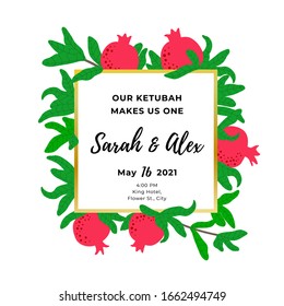 Pomegranate template for wedding invitation. Botanical background. Square frame for Jewish traditional celebration. Red fruit and green leaves drawing. Vector illustration