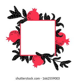 Pomegranate template for wedding invitation. Botanical background. Square frame for Jewish traditional celebration. Red fruit and leaves drawing. Vector illustration