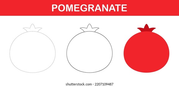 Pomegranate tracing and coloring worksheet for kids