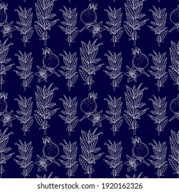 Granatbaumelemente. Früchte, Blumen und Äste auf weißem Hintergrund auf dunkelblauem Hintergrund. Nahtloses Muster für verschiedene Oberflächen.
