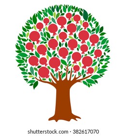 Pomegranate Tree Isolated On White Background. Vector Illustration 