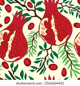 pomegranate with tree trunks with leaves and small seeds of pomegranate seeds seamless pattern. pomegranate with seeds and pieces with branches with leaves seamless vector pattern.