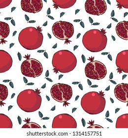 pomegranate tropical fruit seamless pattern on white background, hand drawing, vector