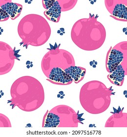 Pomegranate. Tropical fruit seamless pattern in hand-drawn style. Vegetarian food vector repeat background for colorful summer fabric.