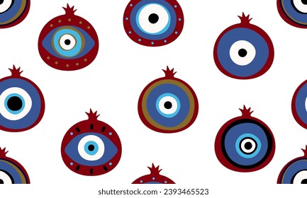 Pomegranat türkisches Auge nahtlos Muster. Böse Augengarn nahtlose Muster Vektorgrafik. Vektorgrafik von Granatapfelfrüchten. Traditioneller Schutz auf amulettem Hintergrund, schmelzende blaue Augen