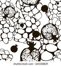 Pomegranate vector with black and white colors. Seamless texture.