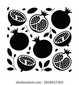 Pomegranate vector collection. Black and white silhouettes of whole pomegranates, cut halves revealing seeds, loose seeds, and leafy branches.