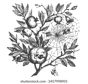 Pomegranate vector drawing. Hand drawn fruit illustration. Pomegranate fruit branch botanical vintage engraving illustration isolated on white background. Spiderweb on the plant.