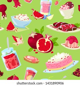 Pomegranate vector fresh fruity food dessert ice cream or cake with garnet and sweet fruit of pomegranate-tree, illustration set of vegetarian nutrition diet background