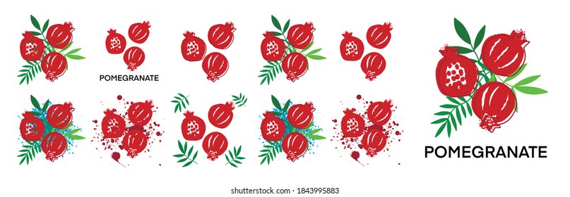 Pomegranate vector illustration. A set of vector garnet logos isolated on a white background. Garnet and seed for the logo, labels for the design. Abstract hand-drawn pomegranate with leaves-logo 