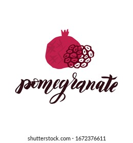 Pomegranate vector logo isolated on white background. Pomegranate and seed for emblem, label for Shana tova design. Garnet and grains with hand drawn lettering - logo design.