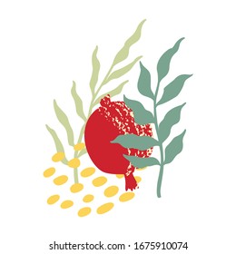 Pomegranat-Vektorillustration-Logo einzeln auf weißem Hintergrund. Granatapfel und Samen für Embleme, Etikett für Shana Tova Design. Abstrakte Garne und Körner mit handgezeichneten Blättern - Logo-Design, Plakatvorlage.