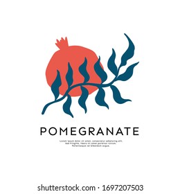 Pomegranate vector logo isolated on white background. Pomegranate and leaf for emblem, label for Shana tova design. Garnet and leaves with typography - logo design.