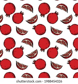 Pomegranate vector pattern. Bright red fruit hand drawn elements. Summer background. Fruits healthy diet theme. 