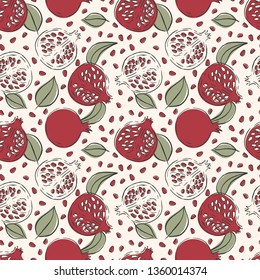 Pomegranate vector pattern. Sketch pomegranate and seeds seamless texture. Hand drawn juicy fruit vector background