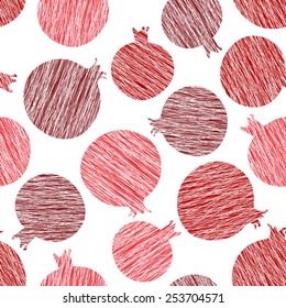 Pomegranate vector pattern. Summer harvest background. Seamless image with scratched pomegranates. Endless fruit texture. Repeating harvest backdrop. Dessert backdrop. White background template.