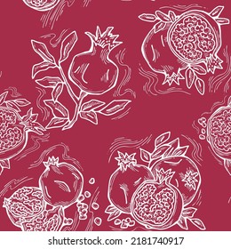 Pomegranate vector pattern for wallpaper, wrapping paper, textile fabric print, fruit shop. Summer holiday, healthy food, vegan eating, exotic nature theme. Hand drawn decorative colourful background.