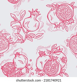 Pomegranate vector pattern for wallpaper, wrapping paper, textile fabric print, fruit shop. Summer holiday, healthy food, vegan eating, exotic nature theme. Hand drawn decorative colourful background.