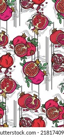 Pomegranate vector pattern for wallpaper, wrapping paper, textile fabric print, fruit shop. Summer holiday, healthy food, vegan eating, exotic nature theme. Hand drawn decorative colourful background.
