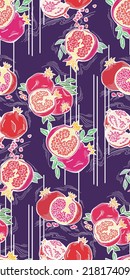 Pomegranate vector pattern for wallpaper, wrapping paper, textile fabric print, fruit shop. Summer holiday, healthy food, vegan eating, exotic nature theme. Hand drawn decorative colourful background.